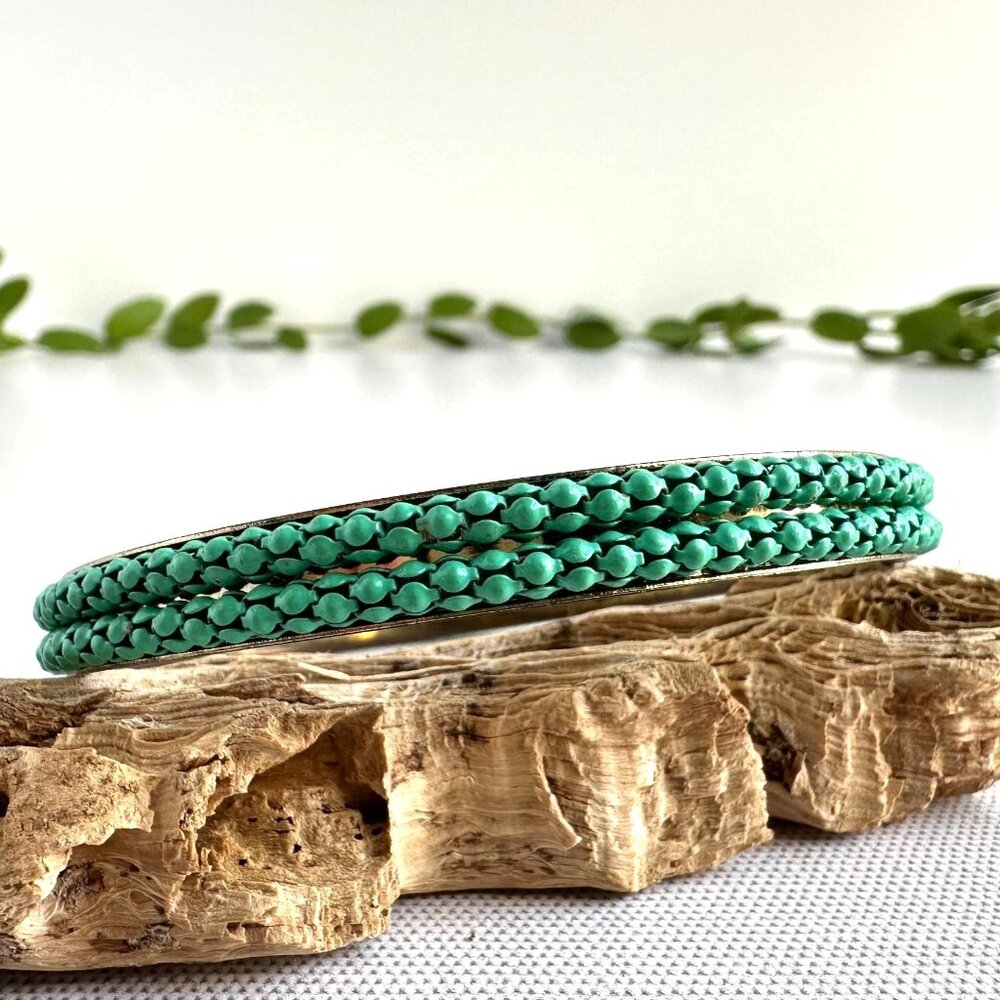 Vintage Brass Bangle with Green Metal Studs